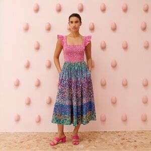 Caroline Constas Pink Multicolor Ruffle Smocked Tiered Floral Maxi Dress‎ Small